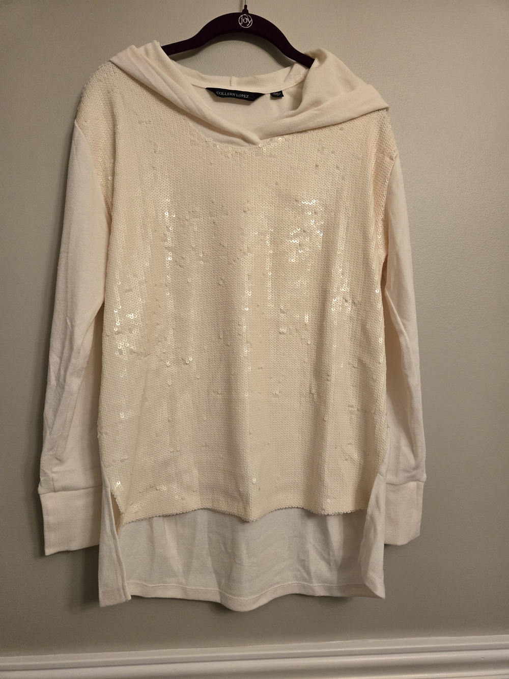 Colleen Lopez Cream Sequin Hooded Sweater